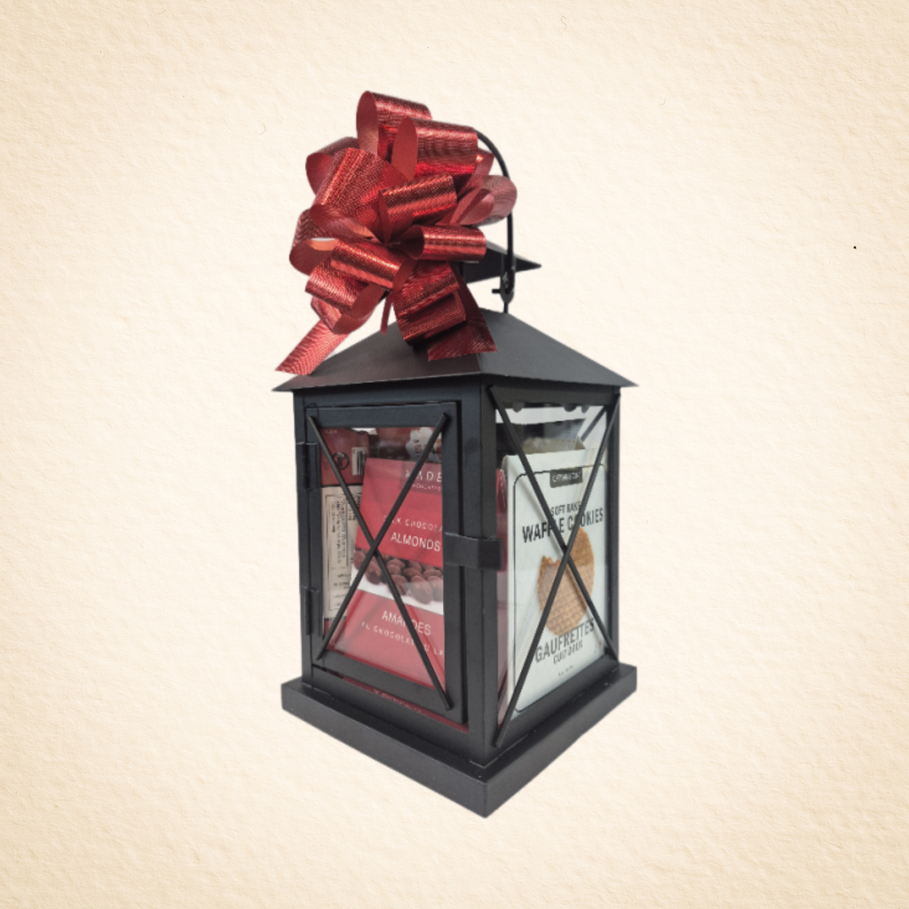 Elegant Black Lantern Gift Basket Kit  – Metal & Glass Hampers with Gourmet Snacks